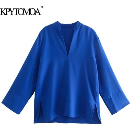KPYTOMOA Women 2021 Fashion With Vents Loose Cozy Blouses Vintage V Neck Long Sleeve Female Shirts Blusas Chic Tops