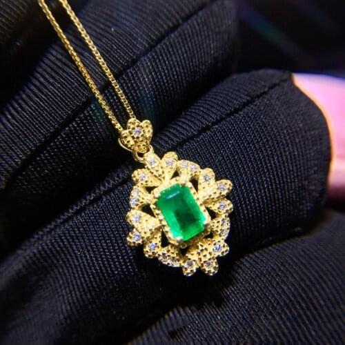 Classic 100% 925 Sterling Silver Emerald Cut Natural Emerald Created Moissanite 18K Yellow Gold Pendant Necklace Fine Jewelry