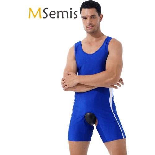 Mens Sexy Bodysuit Nightclub Costume Lingerie Open Crotch Open Butt Bodysuit Color Block U Neck Sleeveless Jumpsuit Nightwear