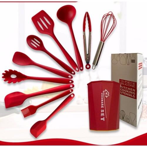 Factory wholesale all inclusive silicone kitchenware set non stick pot cooking shovel spoon 10 sets diamond storage barrel