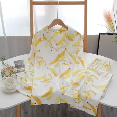 2020 new ladies spring and autumn pure cotton pajamas set cute peach banana cardigan knitted casual home wear sleepwear kawaii