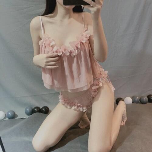 White Flowers Pajamas Lingerie Set for Woman Chiffon Sexy Lace Petal Perspective Split Suspender Tops and Short Dropshipping