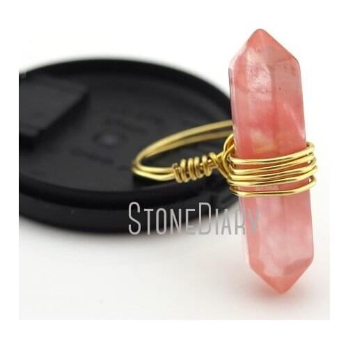 RM13019 10Pcs Watermelon Glass Crystal Ring Wire Wrap Gold Color Faceted Double Terminated Point Ring 6-8