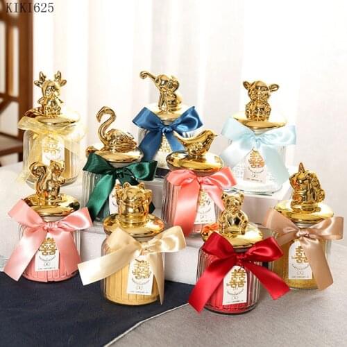 European Cute Bear Glass Storage Jar with Lid Gold-plated Animal Candy Box Wedding Holiday Decor Transparent Glass Jewelry Jar