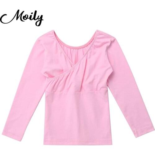 Little Girl Ballet Dance Gymnastics Top Outfit Apparel Solid Color Long-Sleeve V Neck Ballerina Kids Dance T-shirt Practice Wear