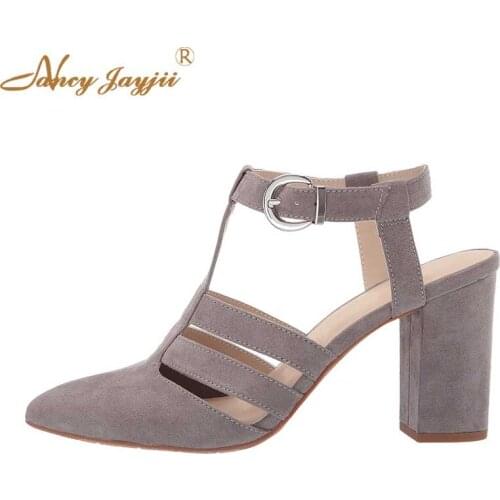 Nancyjayjii Solid Gray Pink Yellow Ginger Hollow Ankle T Strap Pumps 8 cm High Block Heels Pointed Toe breathable Women Shoes
