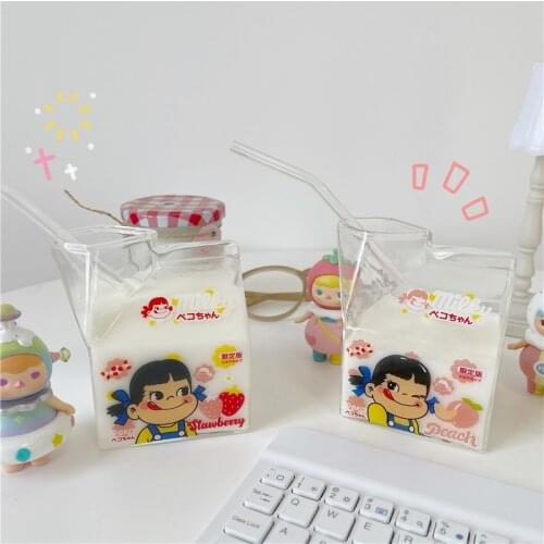 W&G Korea Cute Cartoon Strawberry Milk Square Milk Carton Heat-resistant and Heat-resistant Glass Mug Microwave Breakfast Mug
