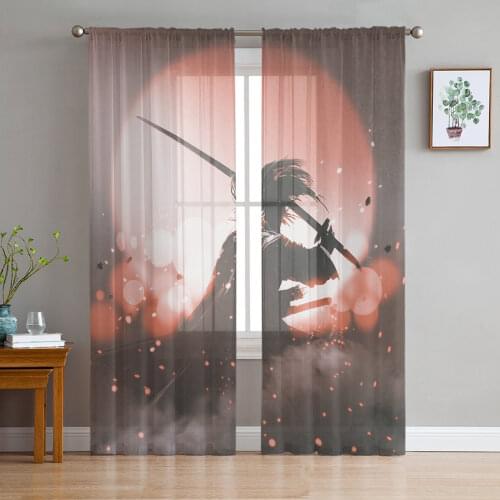 Japanese Anime Character Bushido Sheer Curtains for Living Room Kitchen Tulle for Windows Voile Yarn Curtains for Bedroom