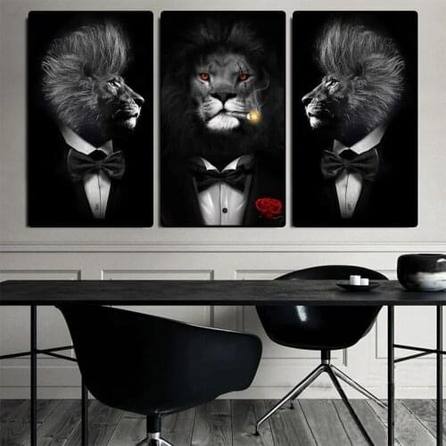 Funny animal black and white lion in suit canvas art prints and posters, abstract animal art mural pictures fo room decoration