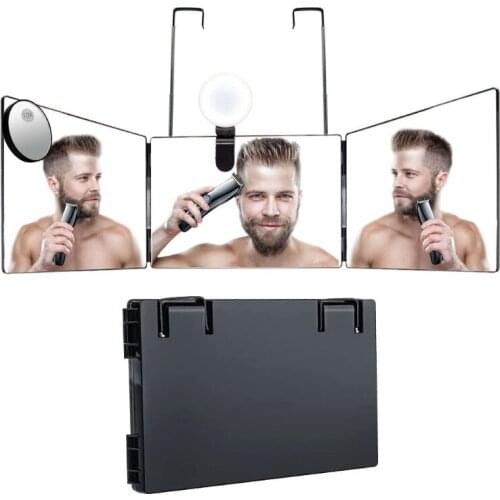Trifold Hair Cutting Mirror with Lights 10X Magnification Self Styling Mirrors Adjustable Height Telescopic Hook Lighted