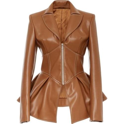 2020 New PU Faux Leather Jacket Women Brown Black Long Sleeve Moto Biker Style Slim Elegant Luxury Outwear Coats Autumn Clothing