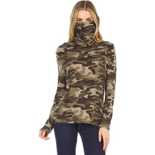 Women Casual Loose Turtleneck Long Sleeve Tie-Dye Face Masks Tops Plus Size Camouflage Print Female Winter Pullover Streetwear