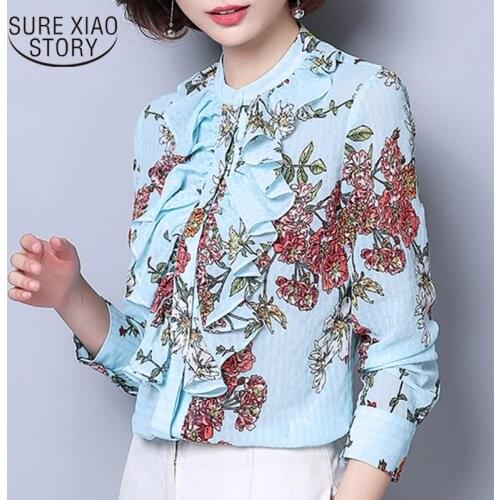 New Spring Fashion Printed Chiffon Long Sleeve Women Shirts 2021 Ladies Top Korean Lotus Leaf Women Blouses and Tops 8077 50