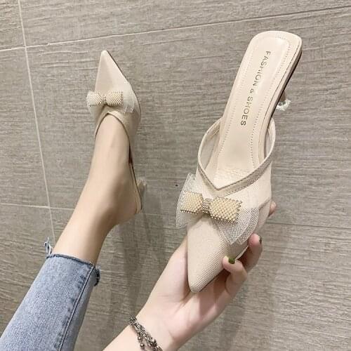 Koovan Womens Sandals 2021 New Trend Bow Slippers White Gauze Heel Tip Diamond Slippers Edition Shoes For Women