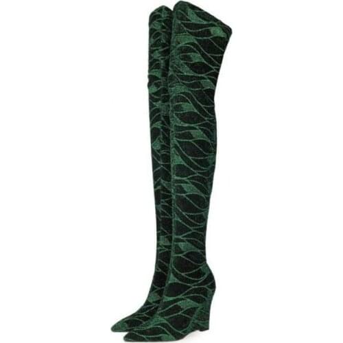 Over The Knee Boots Stretch Boot Large Size 43 Womens Wedges Shoes Four Seasons Color Matching Bling Fashion Thigh Boot Botas