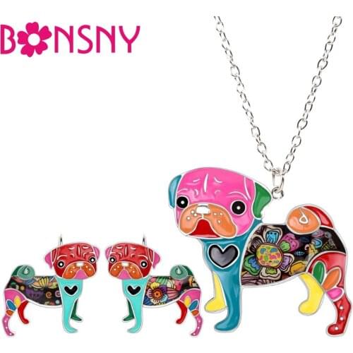 Bonsny Enamel Alloy French Bulldog Pug Dog Clip Earrings Necklace Collar Novelty Animal Jewelry Sets For Women Girls Gift Charms