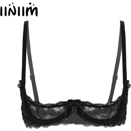 Womens Lingerie Exotic Tanks See Through Lace Bras Crop Top Straps 1/4 Cups Push Up Underwire Bra Tops Ladies Sissy Underwear
