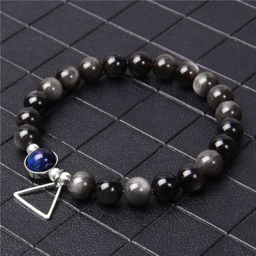Gold Obsidian Beaded Stretch Bracelet Men 8mm Natural Tiger Eye Stone Triangle Pendant Yoga Energy Bracelet Women Homme Jewelry