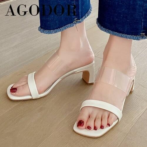 AGODOR 2021 Summer Woman Shoes Square Toe Slippers High Heels Transparent Slides Block Heel Sandals Ladies Footwera Plus Size 43