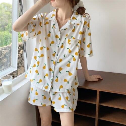 CAIYIER New Summer Women Cotton Pajamas Set Korea Cute Print Short Sleeve Shorts Sleepwear Lovely Girls Japanese Pijama Mujer
