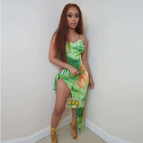 Split Long Slip Dress 2021 New Summer One-Piece Printing Hollow Lace-Up Irregular Tight-Fitting Hip-Lifting Casual For Beach Sea