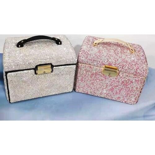 Double Layer Rhinestone Jewelry Box Portable Earring Jewelers Organizer Display Travel Lipstick Watch Cosmetics Storage Case
