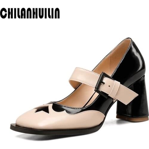 Brand retro designer mary janes shoes woman pumps new genuine leather high heels black office shoes woman classic party shoes