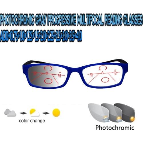 Photochromic Gray Progressive Multifocal Reading Glasses Men Woem Ultralight Blu Frame+1.0 +1.5 +1.75 +2.0 +2.5 +3 +3.5 +4