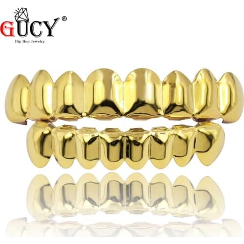 GUCY Grillz Set Gold Finish Eight 8 Top Teeth & 8 Bottom Tooth Plain Hip Hop Grills Sets Halloween Gift Party