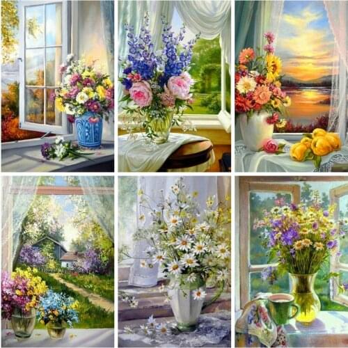 Huacan Diamond Painting New Square Rhinestones Vase Window Diamond Embroidery Mosaic Flower Paintings For Interior Home Decor