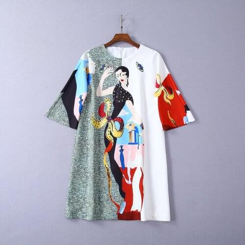 And American womens European clothing 2021 summer new style 7 minutes of sleeve Fashion cartoon character beaded print dress