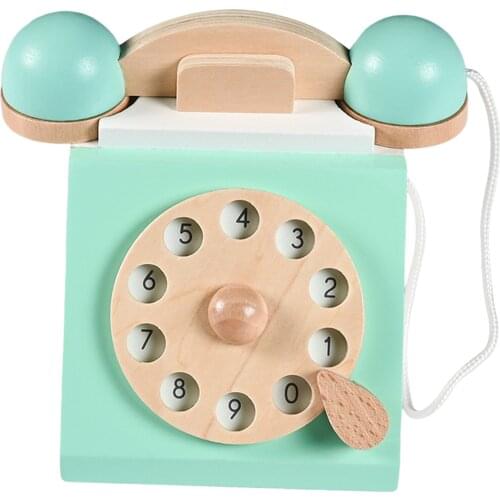 Simulation Miniature Retro Vintage Antique Dial Telephone Playset Pretend Play Interactive Educational Wooden Toy for Kids