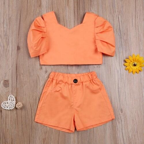 2-7Years Girls Clothes Sets Orange Short Puff Sleeve Backless Bowknot Tops Shorts 2pcs Outfits Summer Children Clothing