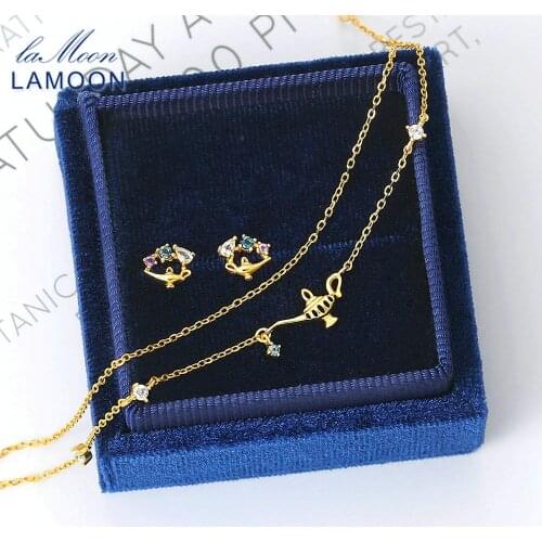LAMOON Silver 925 jewelry Set For Women Natural Stone Blue Topaz S925 Aladdins Lamp Earring 14K Gold Plated Fine Jewelry V081