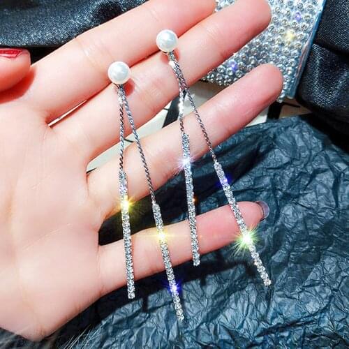 Fashion creative with pearl earrings female rhinestone long wedding drop-shaped earrings party earrings jewelry earrings gift