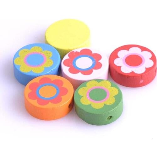 Wholesale 18mm 50pcs Multicolor Flower painted Round Wooden cute Spacer Loose beads Fit kids Handmake DIY Accessory MT0606X