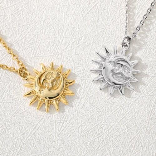Cute Smile Moon Sun Necklace Stainless Steel Gold Color Charm Sunburst Sunshine Choker Necklace Women Friendship Gifts