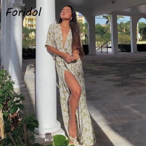 Deep V Neck Green Summer Dress Robe Women Boho Long Slit Dress Elegant Beach Floral Dress Batwing Sleeve Vestido Midi Elegante