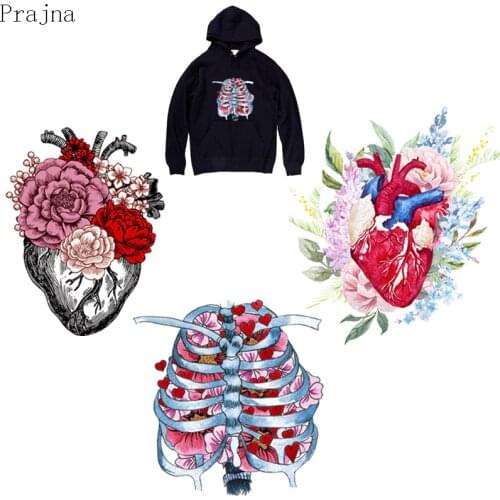 Prajna Skeleton Heart Heat Transfer Vinyl Patch Iron On Transfers For Clothes Jacket Thermal PVC Applique Badge Washable Sticker