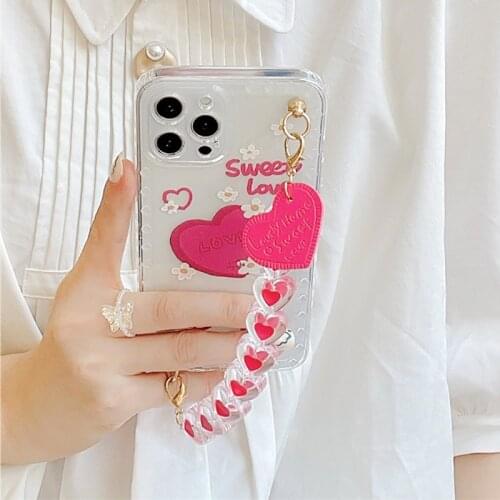 Luxury Heart Bracelet Hand Strap Holder Rose Red Phone Case For iPhone 11 Pro Max 12 7 8 Plus X XR XS SE20 Clear Soft Cover Capa
