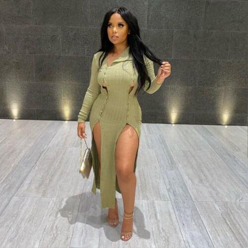 Sexy Slim Slit Bodycon Dress Long Sleeve Buttons Party Clubwear Stripe Fabric Woman Turtleneck Dress 2020 Spring Fall Clothings