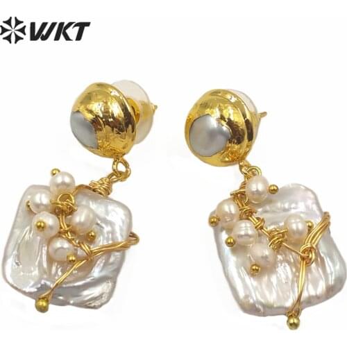 WT-MPE017 WKT Freshwater Pearl Earrings Brass Wire Wrapped Square Pearl Earrings Women Fashion Jewelry Earrings Gift For Lady