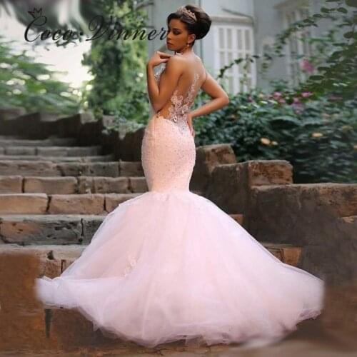 African Bride Wedding Dress 2021 Crystal Beading Lace Appliques Tulle Mermaid Wedding Dresses Illusion Back Wedding Gowns W0239
