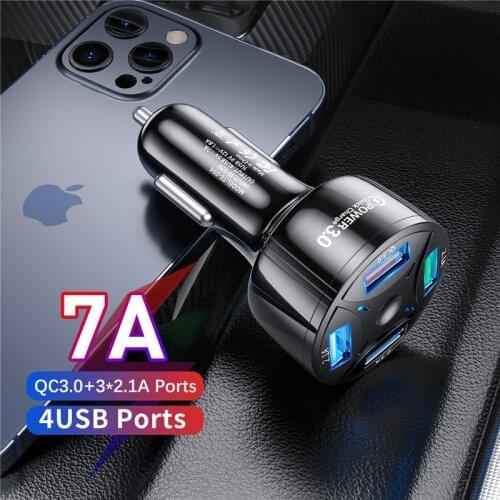 USLION 7A 4 Ports USB Car Charge Quick Mini LED Fast Charging For iPhone 12 Xiaomi Huawei Mobile Phone Charger Adapter in Car
