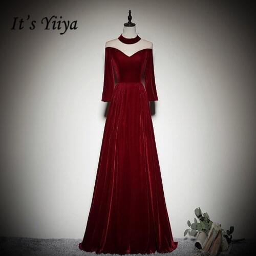 Velour Robe De Soiree Its Yiiya BR326 Three Quarter Sleeve Vestidos De Fiesta Long Burgundy High Collar Evening Dresses