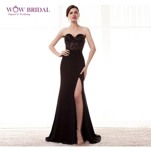 Wowbridal Elegant Black Crystal Evening Dress 2021 Sexy Sweetheart Strapless Pattern Beaded Sheer Open Back Long Mermaid Dress