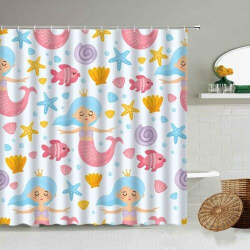 Cute Mermaid Girl Shower Curtain Starfish Shellfish Cartoon Sea Animal Bathroom Accessories Waterproof Fabric Screen Washable