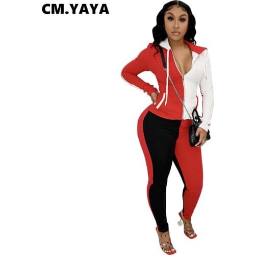 CM.YAYA Women Set Patchwork Full Sleeve Hooded Zip Slim Tops Pencil Pants Two 2 Piece Sets Active Tracksuit Summer Outfit 2021