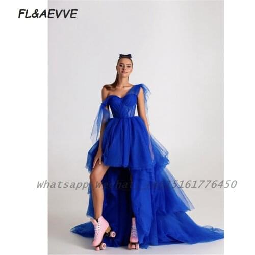Blue Long Sleeve Evening Dress 2021 One Shoulder Tulle Hi-Low Floor Length Formal Evening Gown for Women