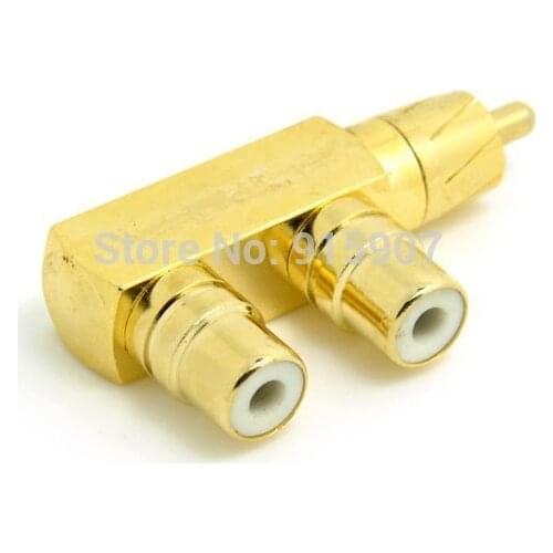 Zihan Golden Color 90 Degree Angled RCA AV Audio Splitter Plug Adapter Male to Dual Female F type Extension